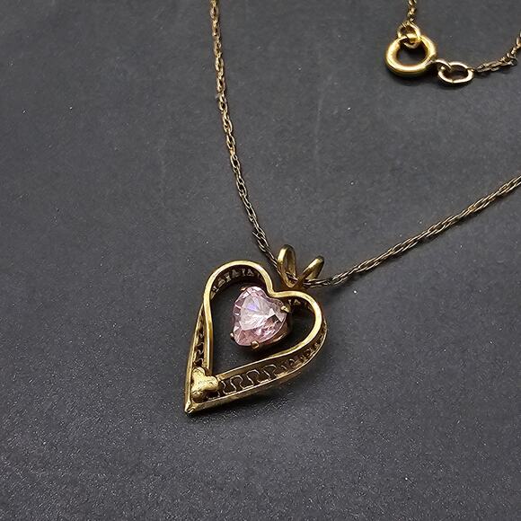 14K Gold Filled Heart Pendant Necklace Pink Rhinestone Signed PPC - Picture 1 of 10